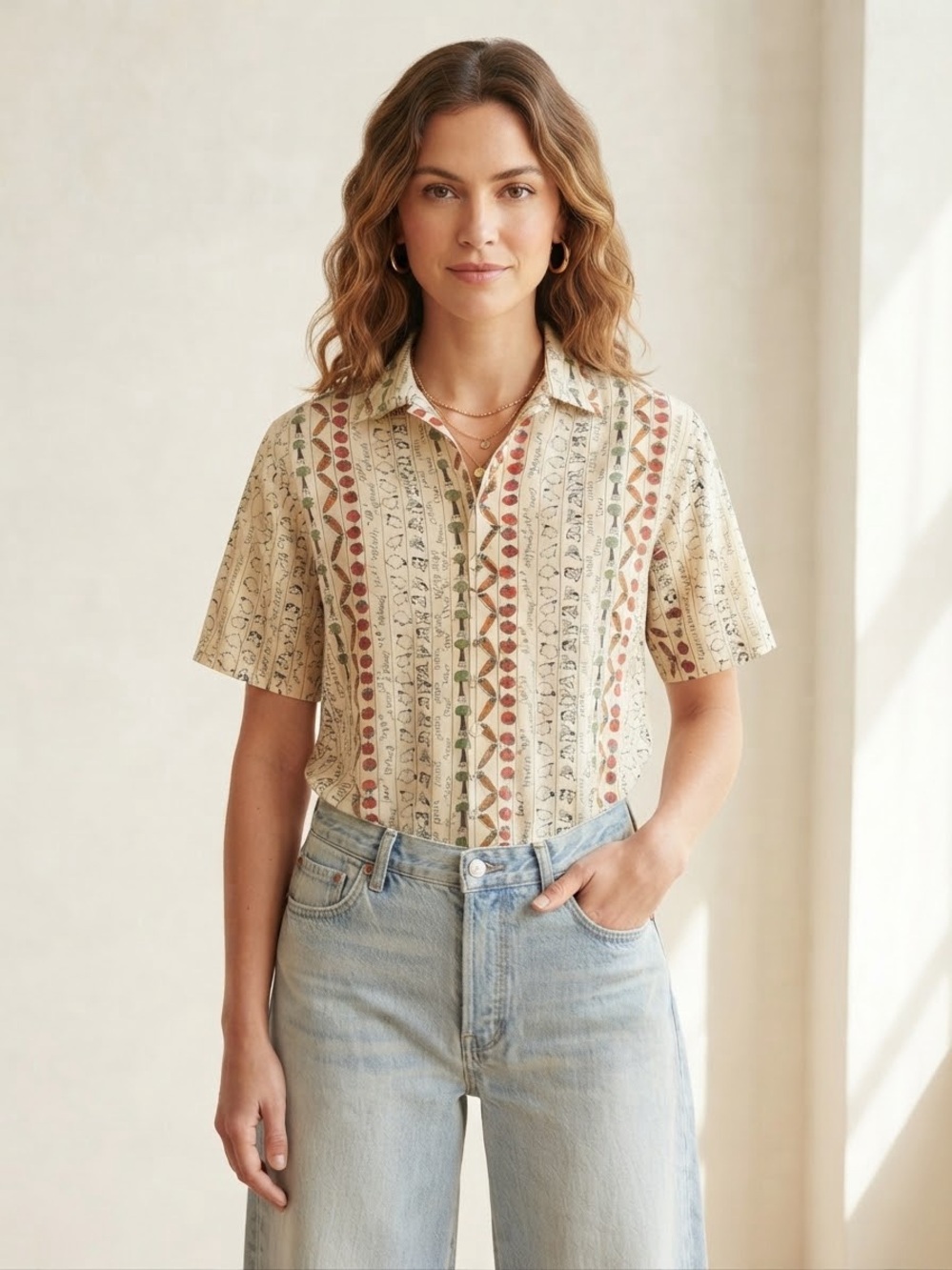 Short-Sleeve Button-Down Shirt in Cream with Rust & Olive Stripe Print